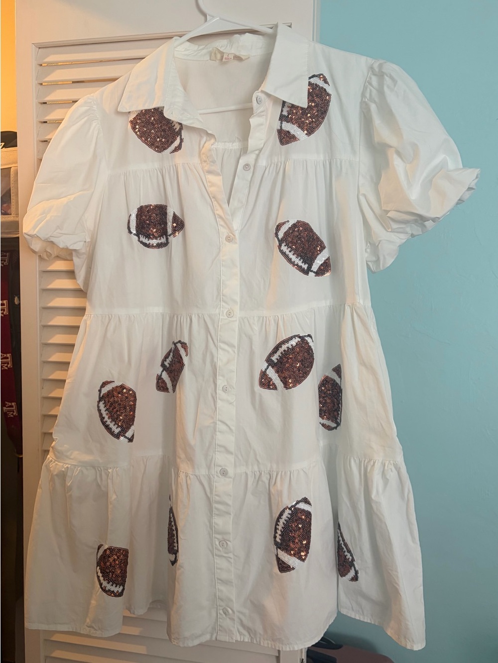 White Button-Front Dress with Sequin Footballs